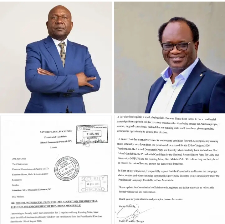 OFFICIAL WITHDRAWAL LETTER SERVED TO ECZ: Xavier Chungu Exits Presidential Race, Endorses Brian Mundubile
