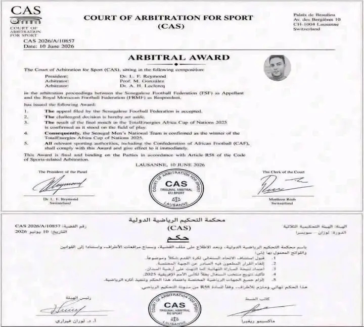 FAKE: NOT TRUE THAT COURT OF ARBITRATION FOR SPORT HAS DECLARED SENEGAL AFCON 2025 CHAMPIONS